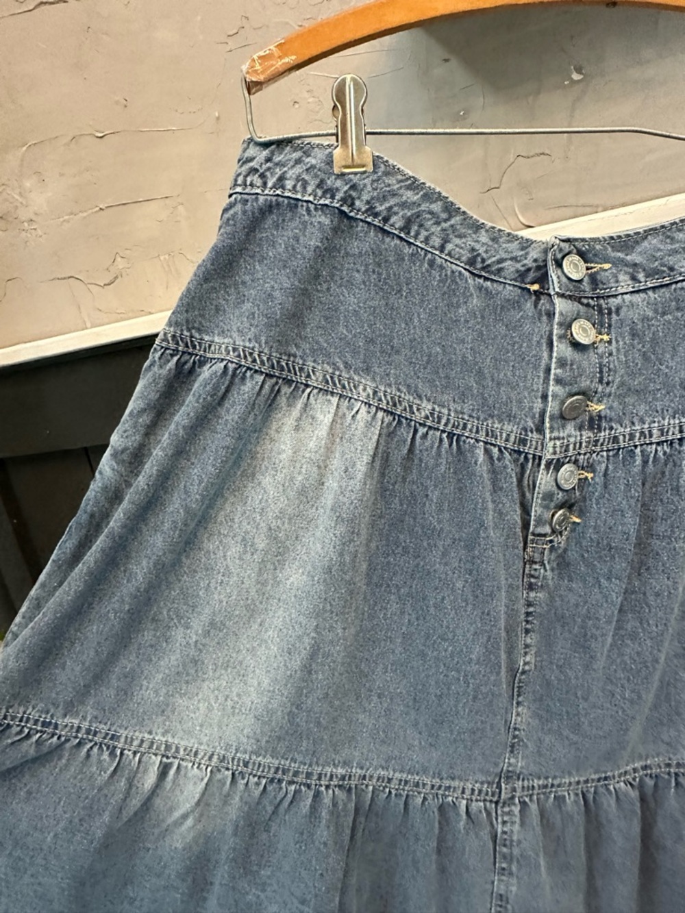 Women's Tiered Ruffle Denim Maxi Skirt Size L High Rise Long Jean Skirt Western - Picture 7 of 11